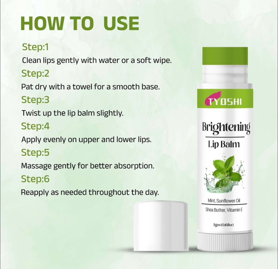 Tyoshi brightening lip balm with mint, sunflower oil , sheabutter , vitamin E