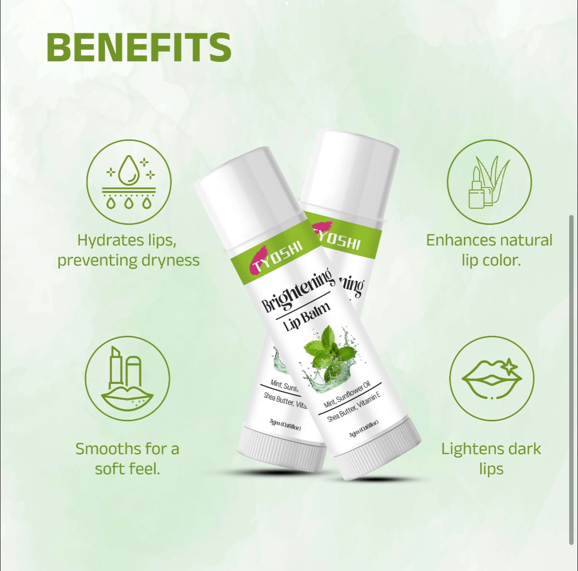 Tyoshi brightening lip balm with mint, sunflower oil , sheabutter , vitamin E
