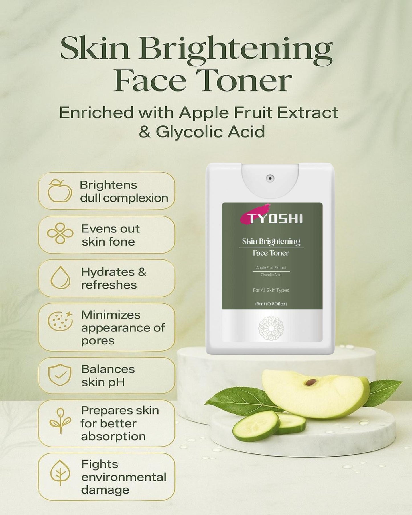 Tyoshi face toner - apple fruit extract and glycolic acid -15 ml