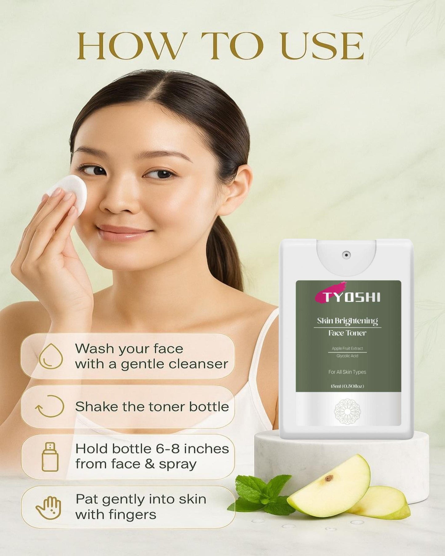 Tyoshi face toner - apple fruit extract and glycolic acid -15 ml