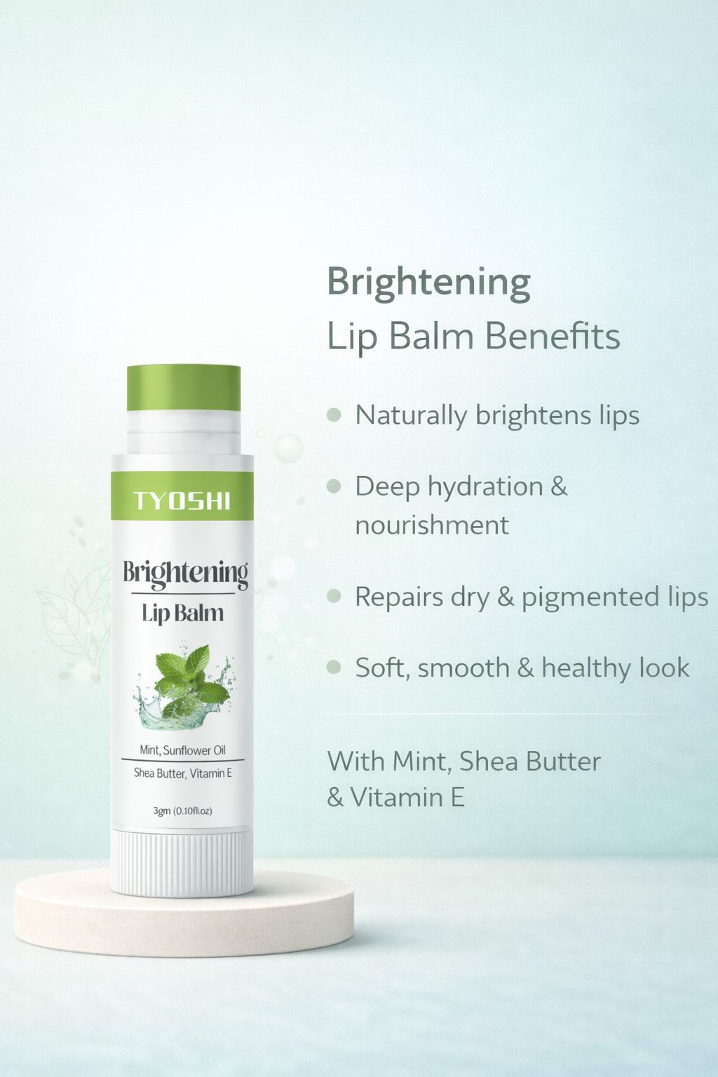 Tyoshi brightening lip balm with mint, sunflower oil , sheabutter , vitamin E