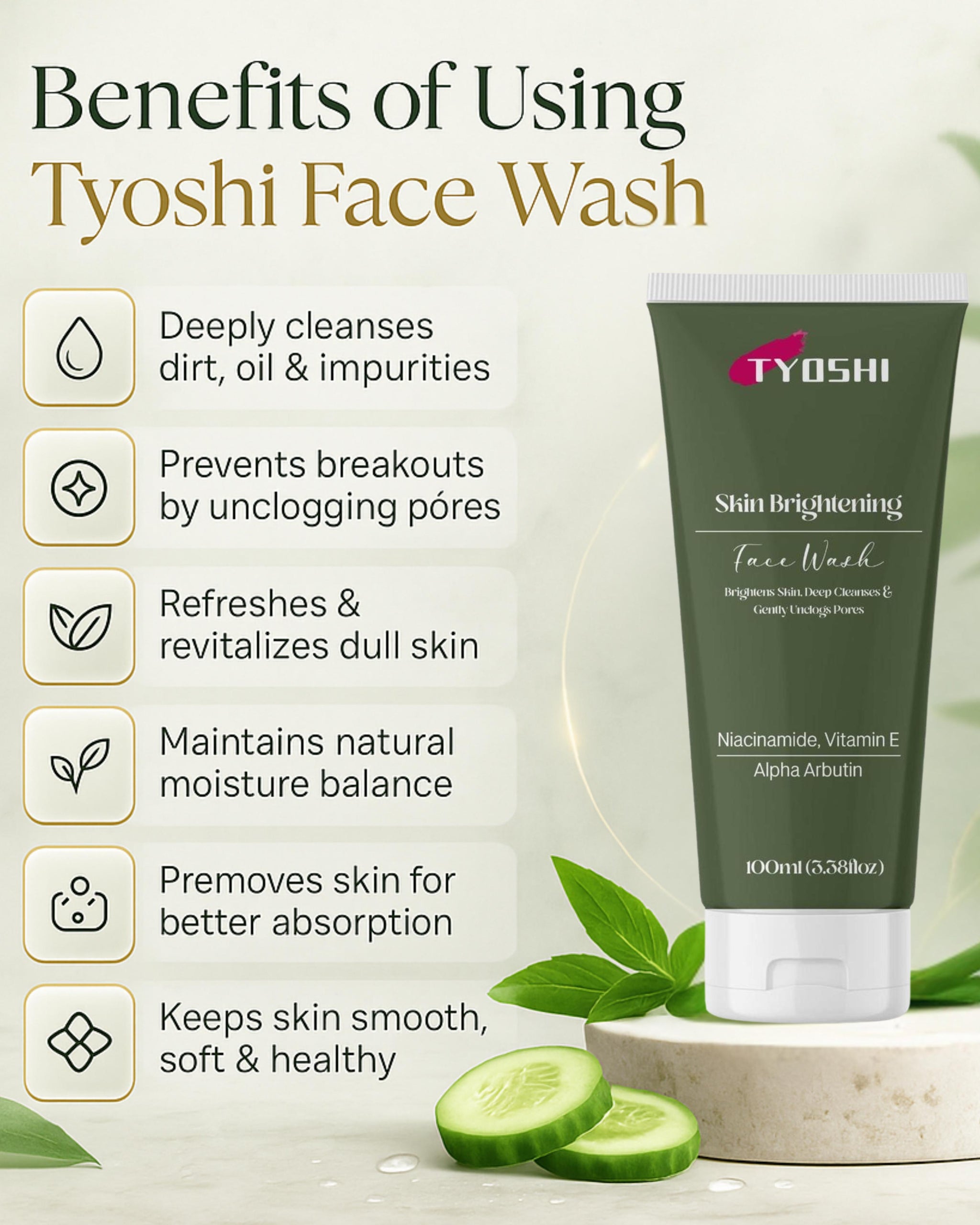 Tyoshi face wash - niacinamide , vitamin E , alpha arbutin