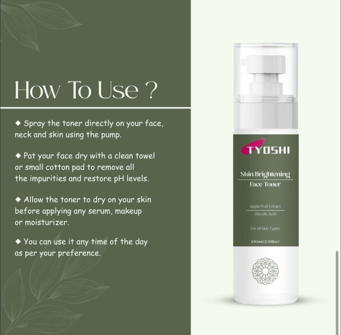 Tyoshi face toner - apple fruit extract and glycolic acid- 100 ml